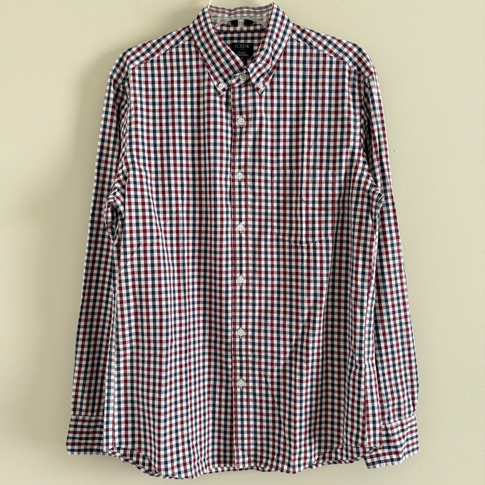 J.Crew Slim Flex Washed Gingham Button Down Shirt Mens Medium Navy Burgundy